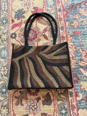 Vintage Beaded Black, Brown & Gold Wave-Pattern Bag
